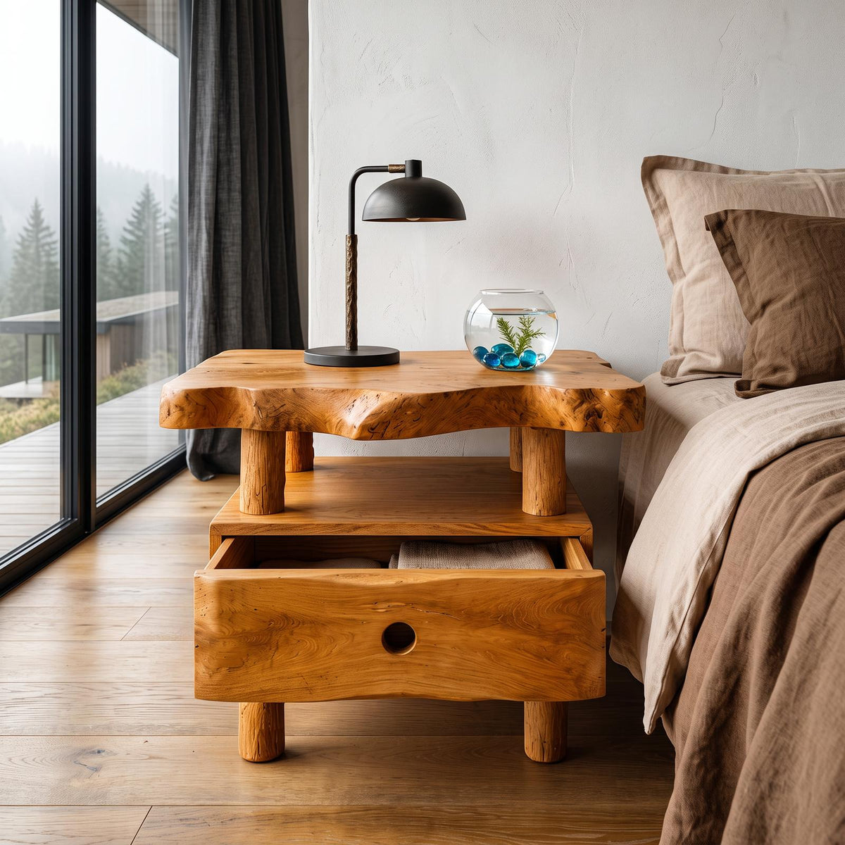 Organic Solid Wood Bedside Table With Open Shelf And Drawer SINLHANS291