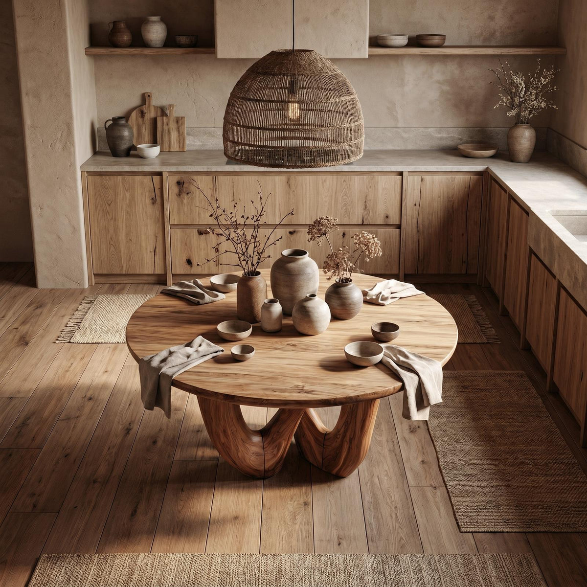 Sculptural Double Curved Base Dining Table, Handcrafted Solid Wood Dining Room & Kitchen Statement Table
