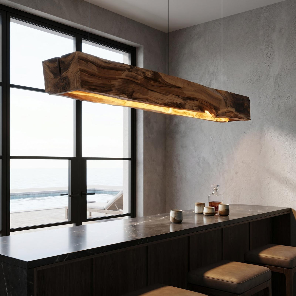 Organic Modern Pendant Light, Sculptural Wood Beam Hanging Ceiling Fixture for Kitchen Island & Living Room, Model