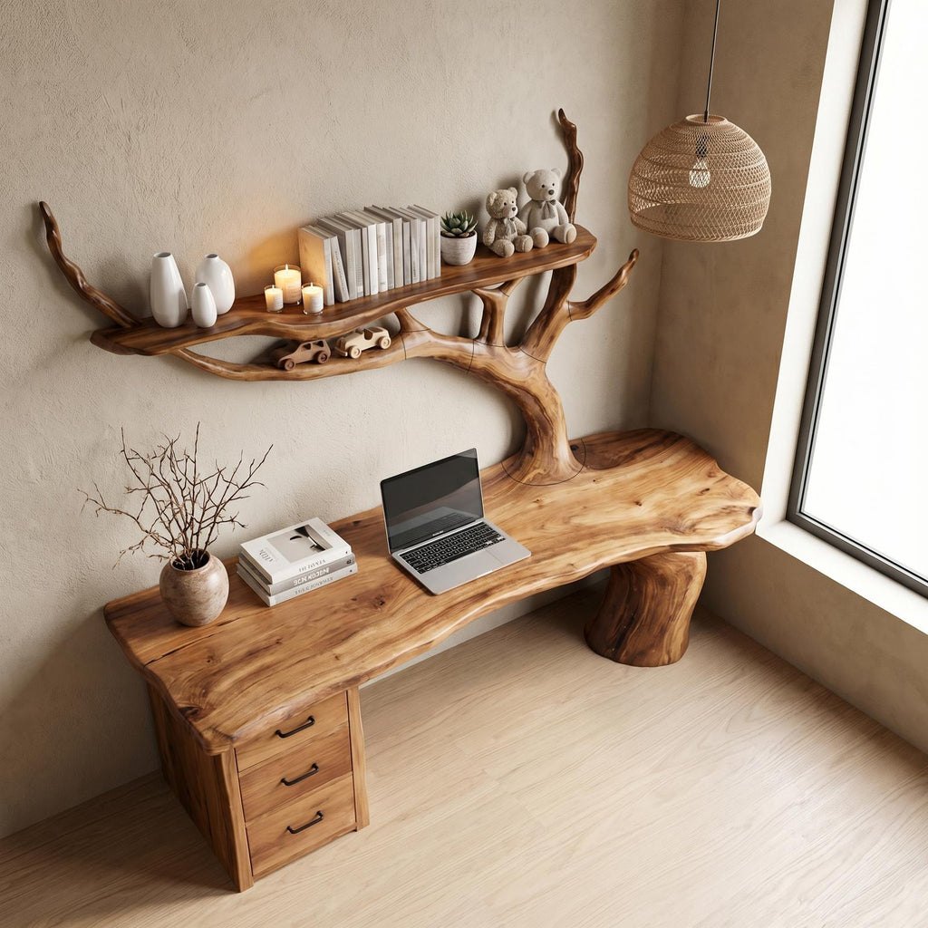 Nature-Inspired Tree Branch Desk, Sculptural Solid Wood Corner Workstation for Home Office, Study Table