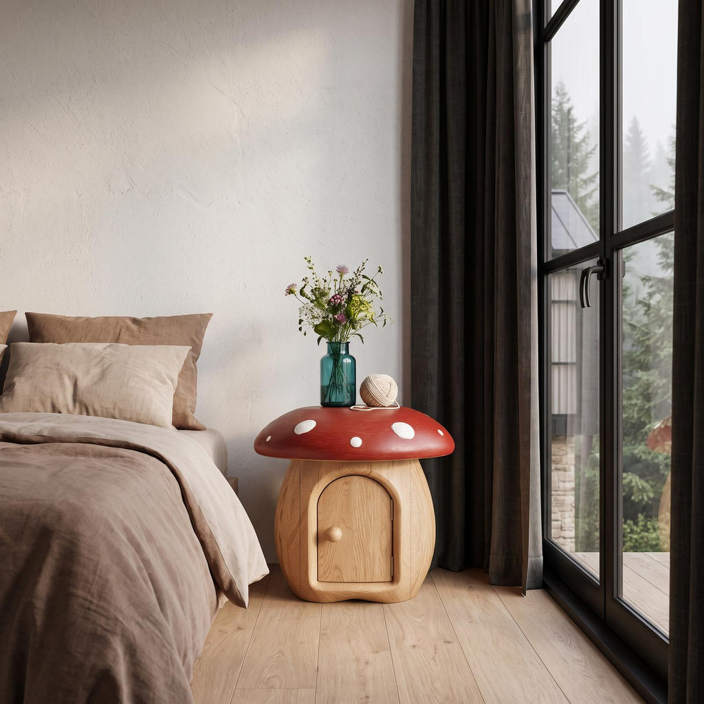 Whimsical Mushroom Bedside Table With Solid Wood Storage For Bedroom SINLHANS292