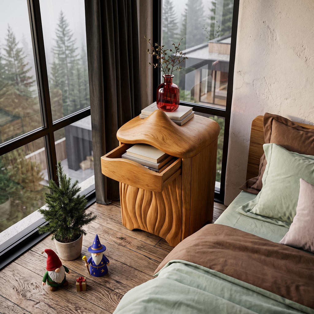 Minimalist Solid Wood Bedside Table With Artistic Door Design SINLHANS293