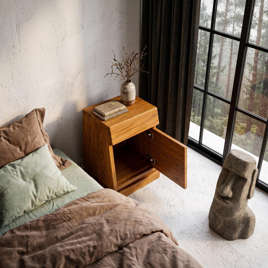 Rustic Solid Wood Bedside Table With Geometric Wooden Door SINLHANS294