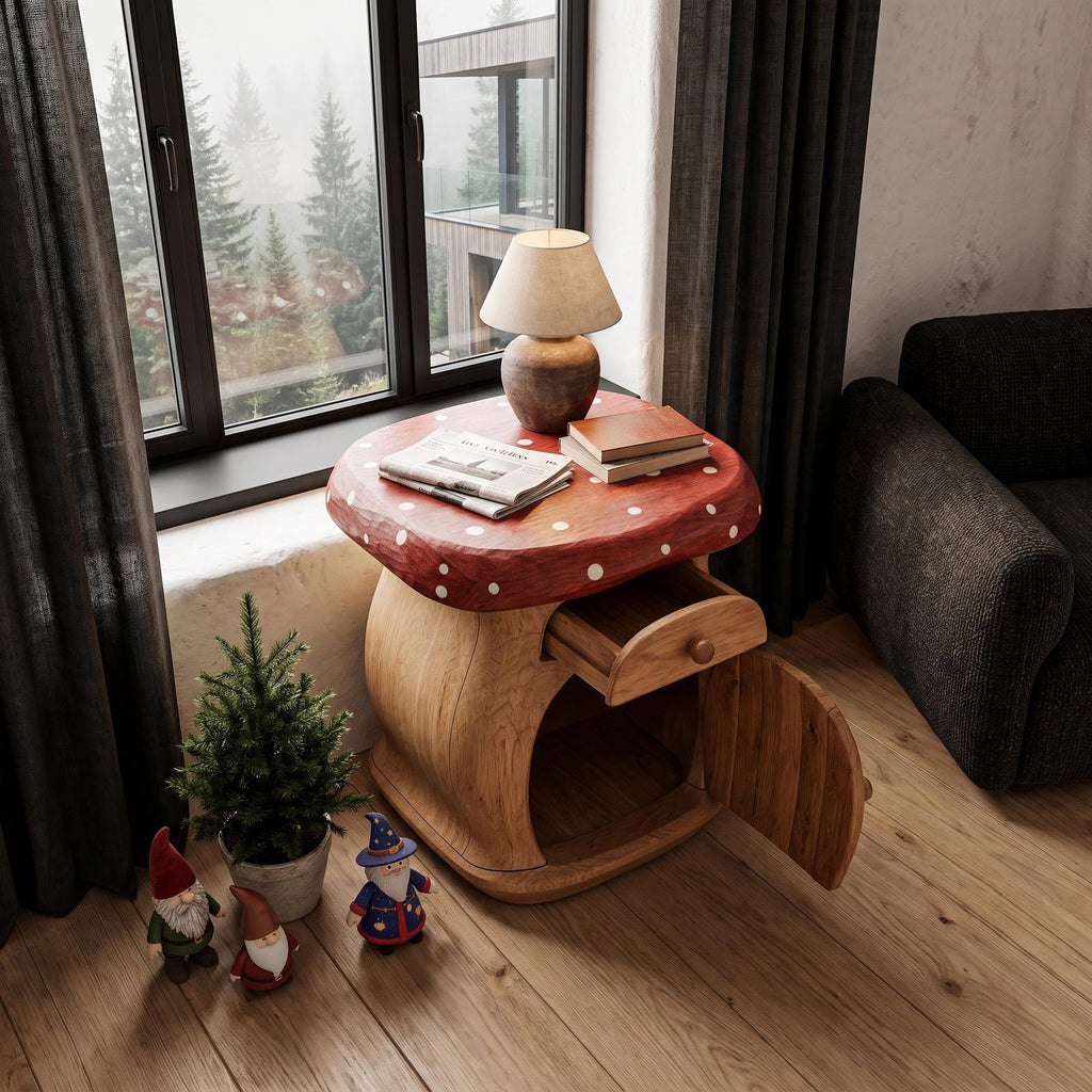 Modern Mushroom Bedside Table With Wooden Storage Door