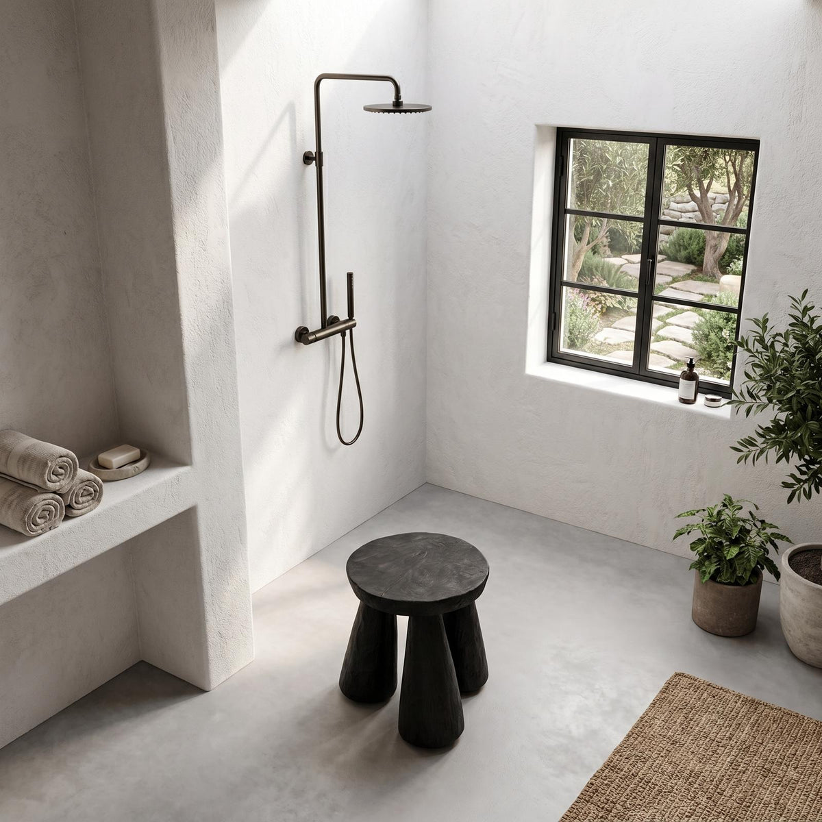 Handcrafted Solid Wood Bathroom Stool, Rustic Wooden Shower Bench & Spa Seat for Bedroom & Vanity