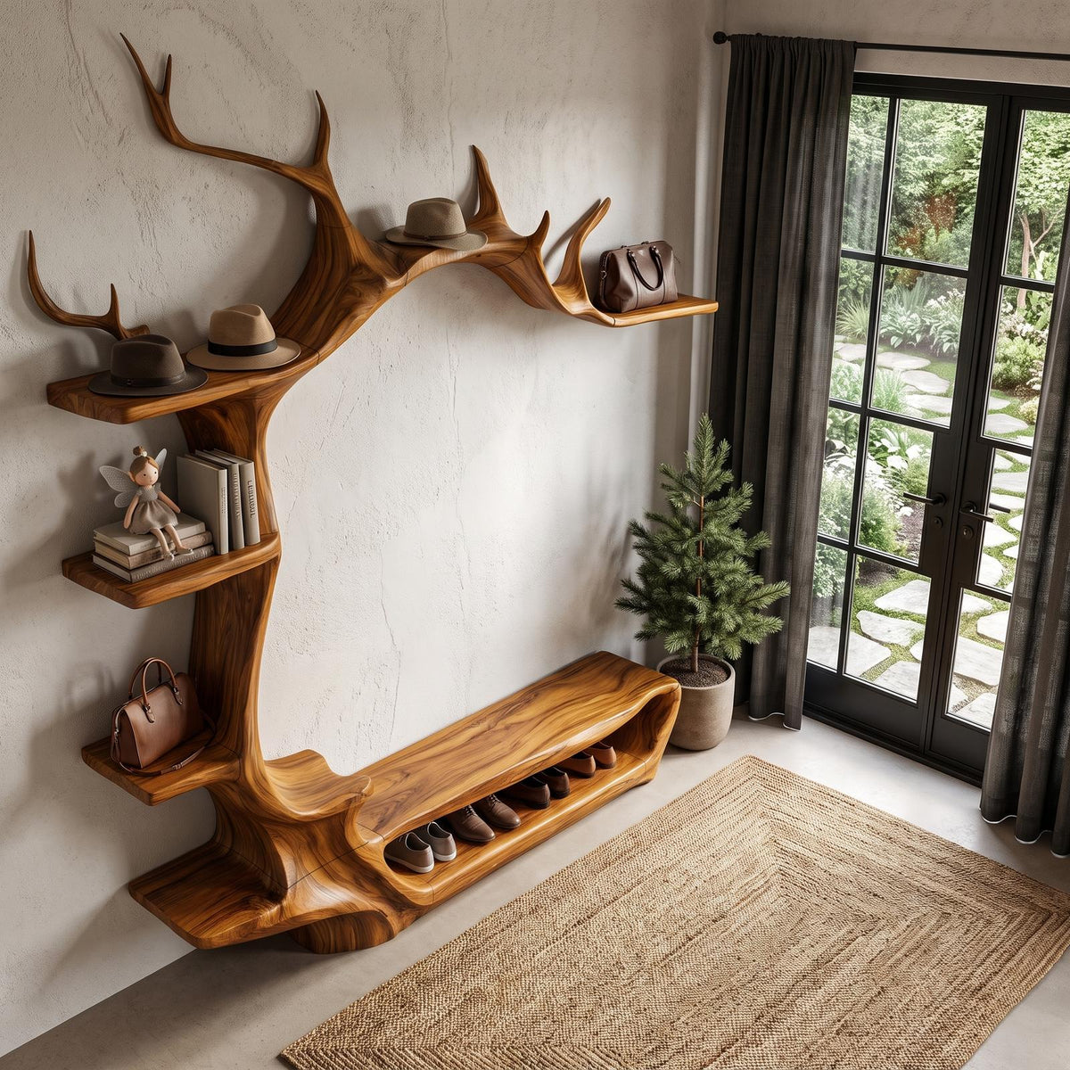 Rustic Tree Shoe Bench Wall Mounted Coat Rack For Entryway Hallway
