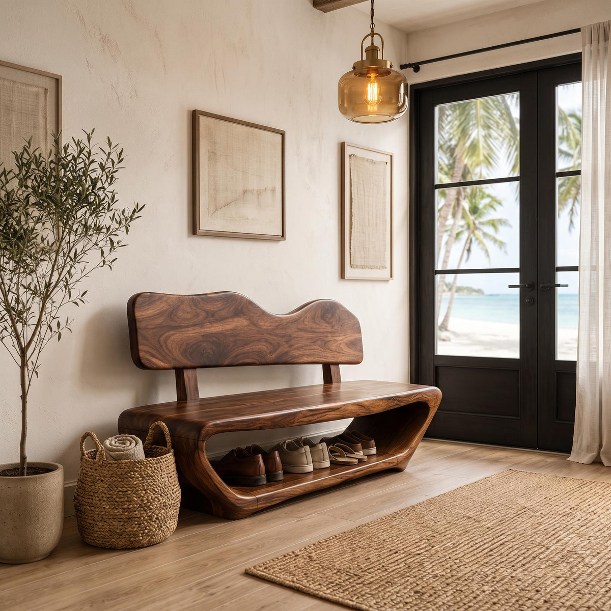 Rustic Sculptural Shoe Bench Organic Live Edge Design For Entryway Hallway