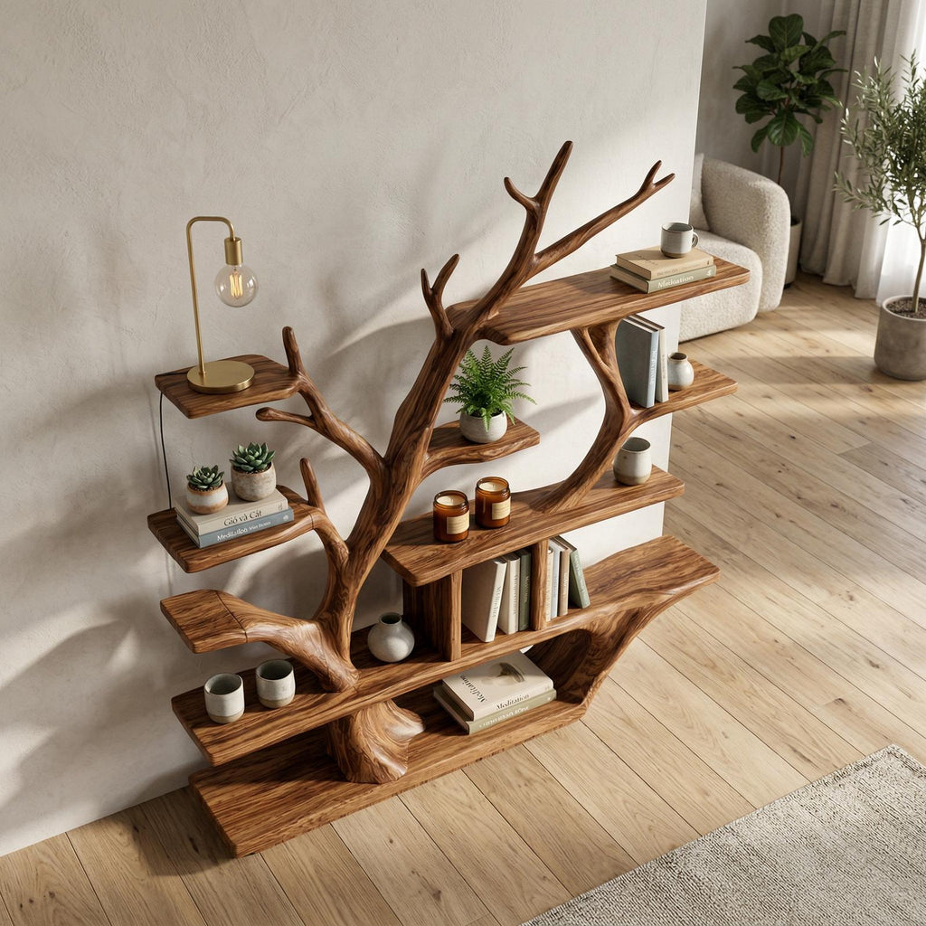 Modern Organic Tree Bookshelf, Solid Wood Branch Design Bookcase & Display Shelf for Living Room Decor