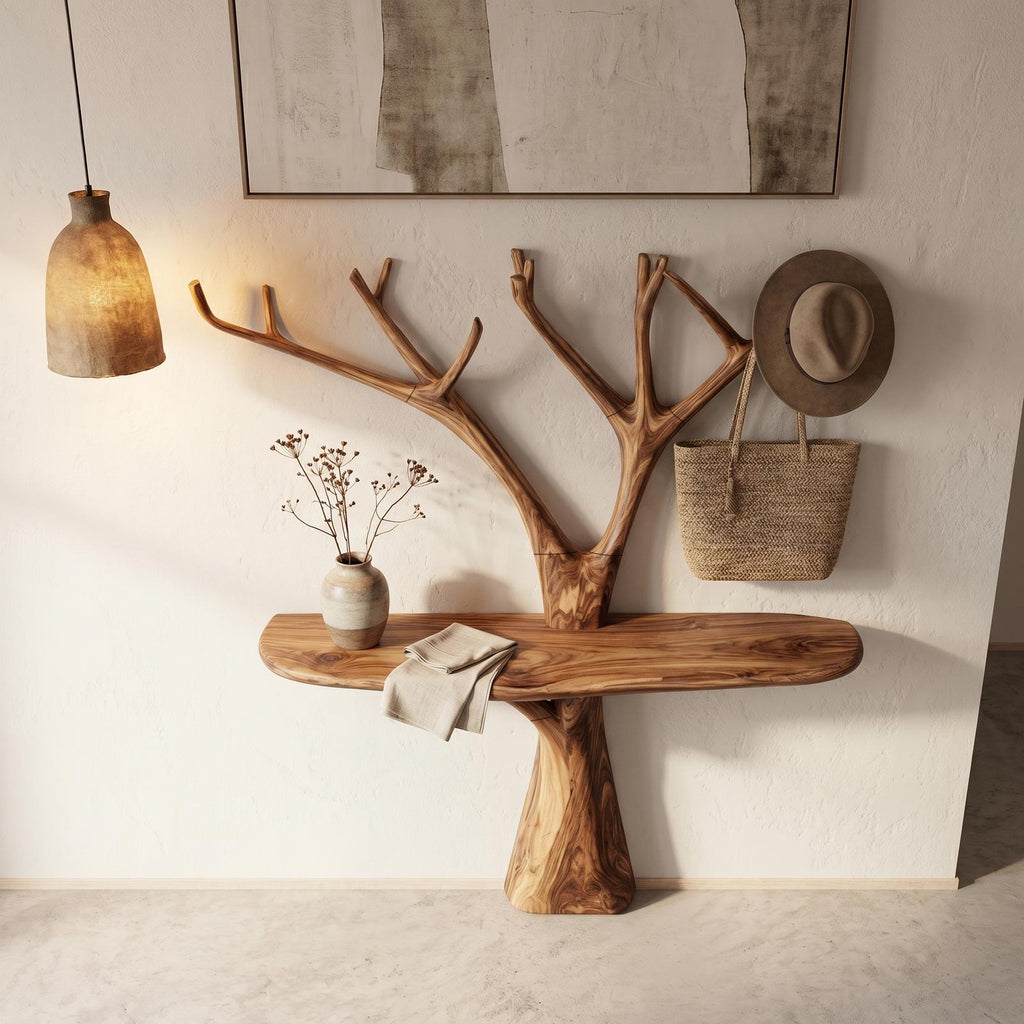Rustic Organic Wooden Console Table, Live Edge Hallway Entryway Table with Tree Branch Base, Model