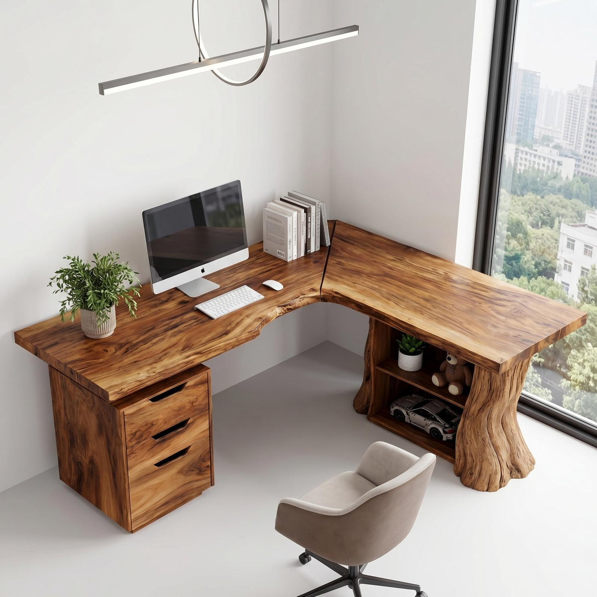 Organic Tree Branch Corner Desk with Integrated Floating Wall Shelf, Solid Wood Home Office Workstation