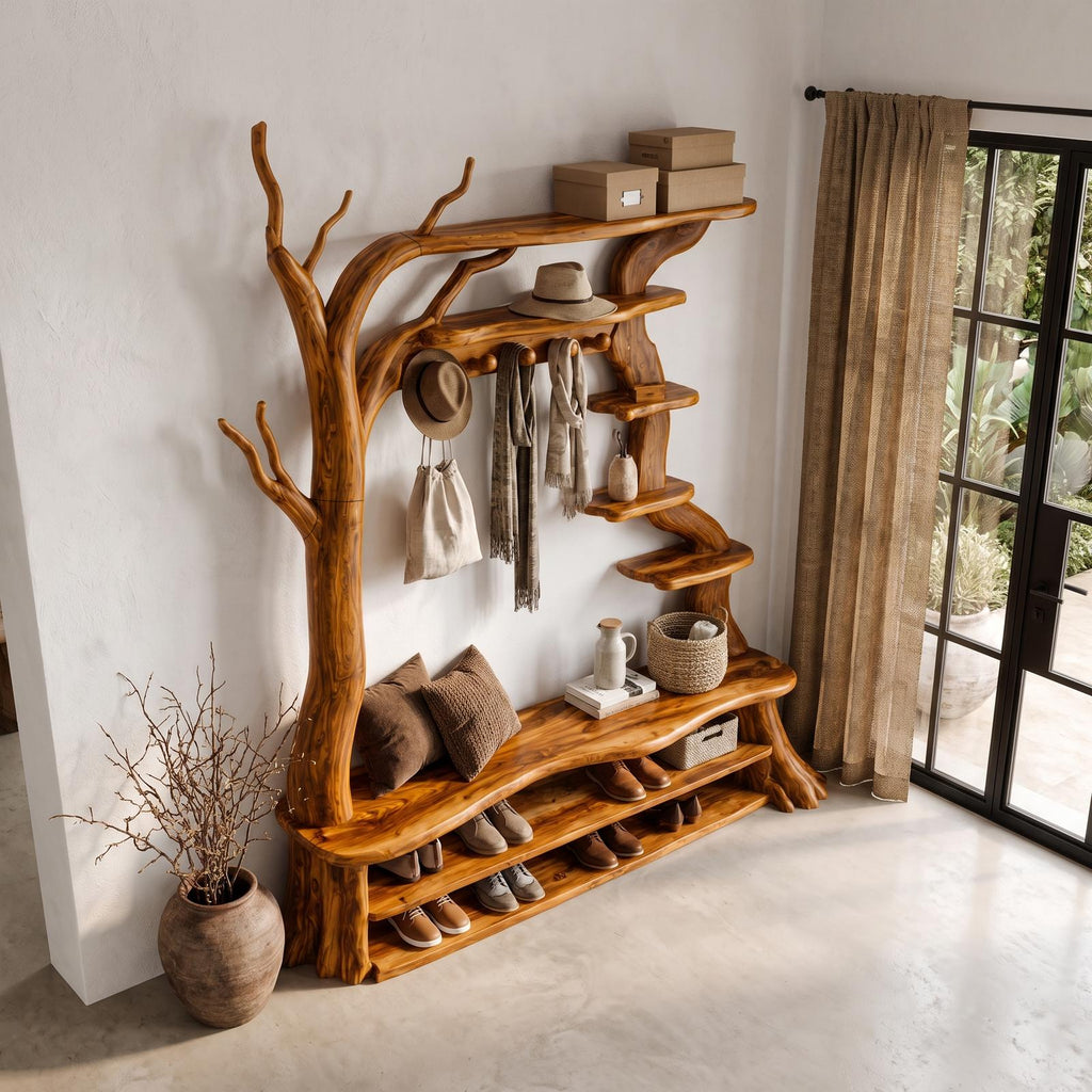 Rustic Tree Shoe Bench Coat Rack Storage Organizer For Entryway Hallway