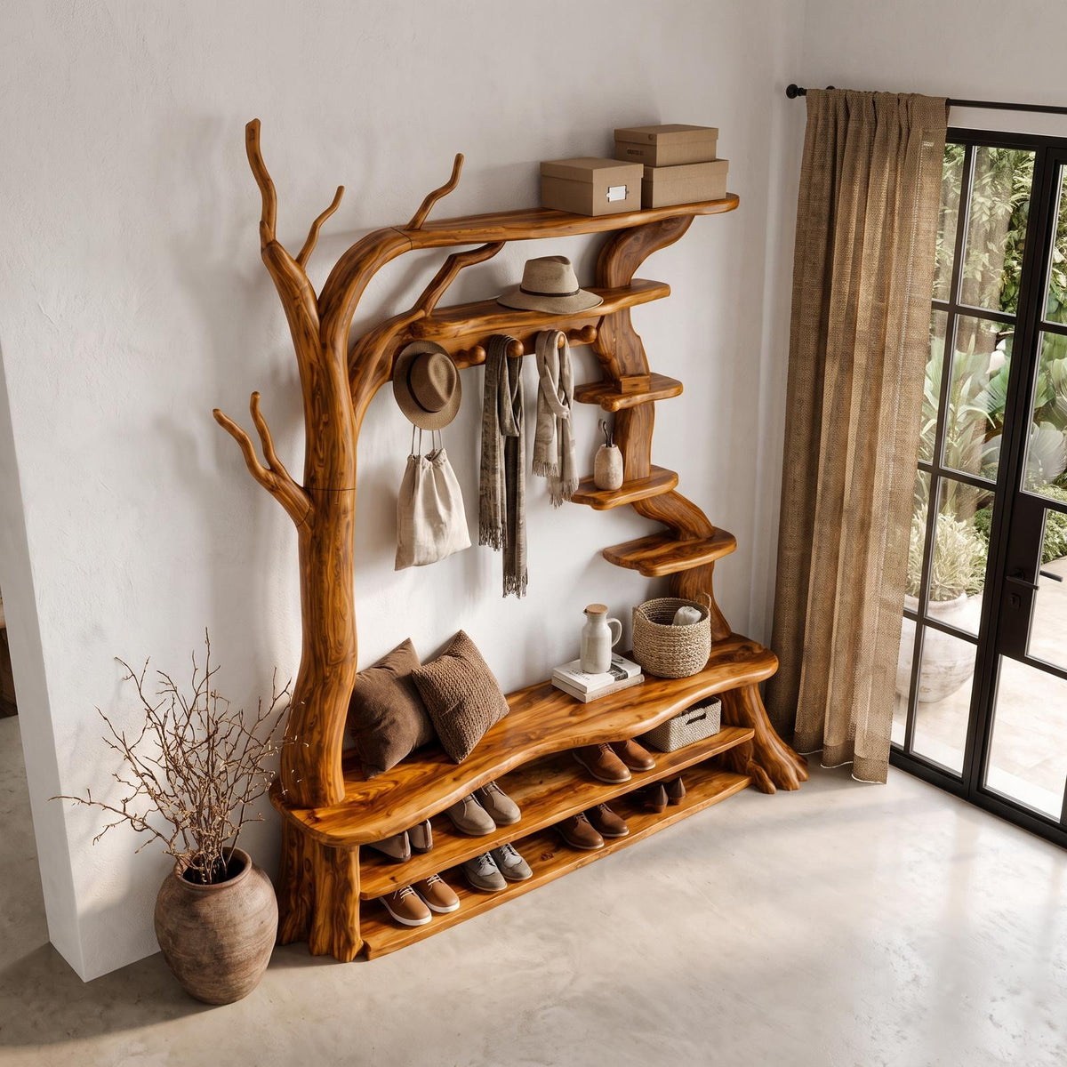 Rustic Tree Shoe Bench Coat Rack Storage Organizer For Entryway Hallway