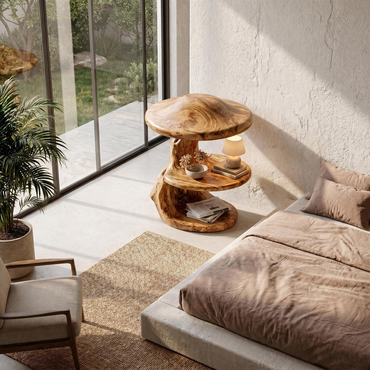 Spry Interior Rustic Mushroom Nightstand with Sculptural Tree Root Base & Built-in Drawer, Unique Solid Wood Bedside Table, SINLHABT260