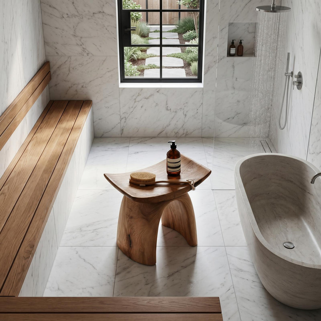 Organic Modern Solid Wood Shower Stool, Sculptural Base Waterproof Bath Seat Bench for Luxury Bathroom Spa