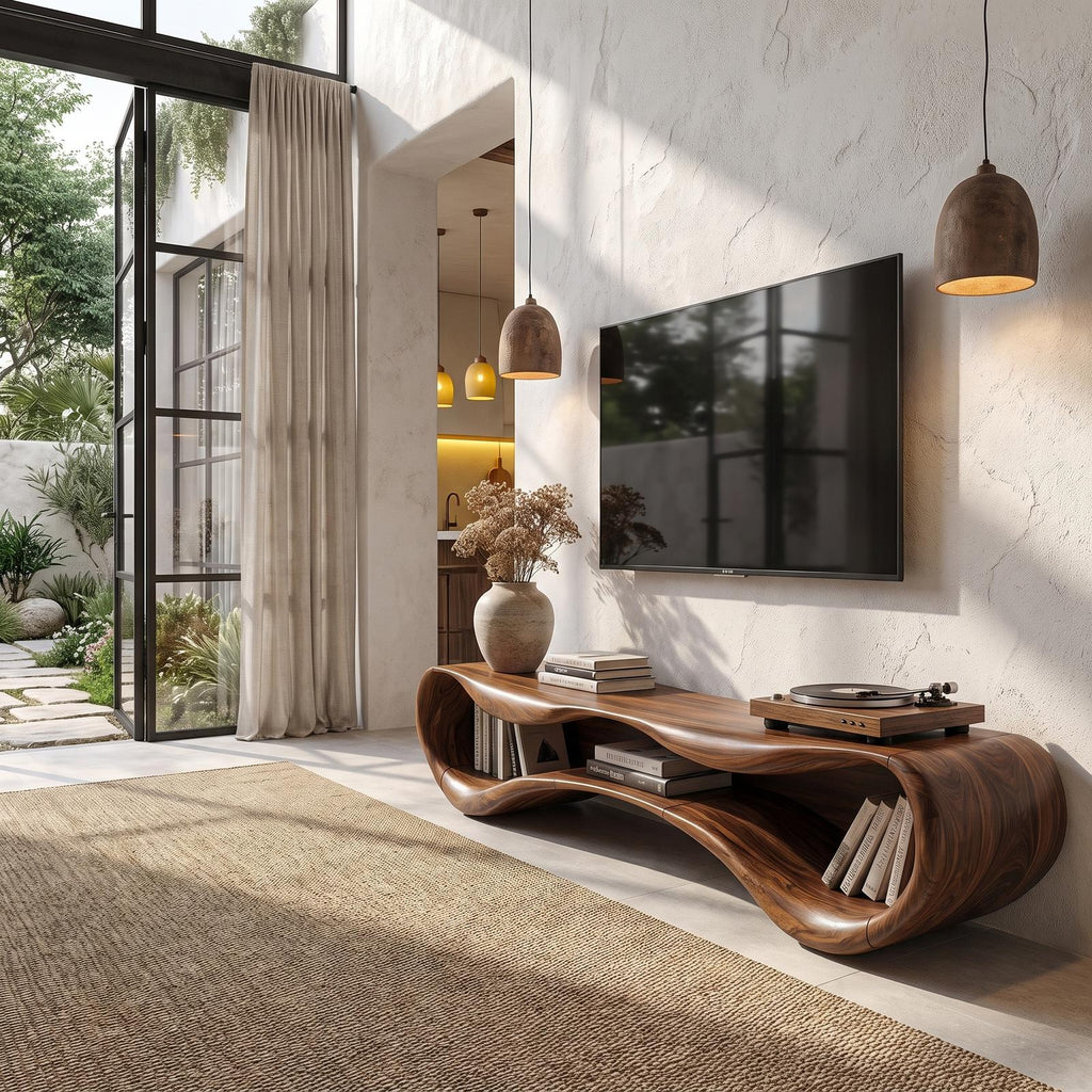 Modern Flowing Base TV Cabinet Wooden Media Unit For Living Room