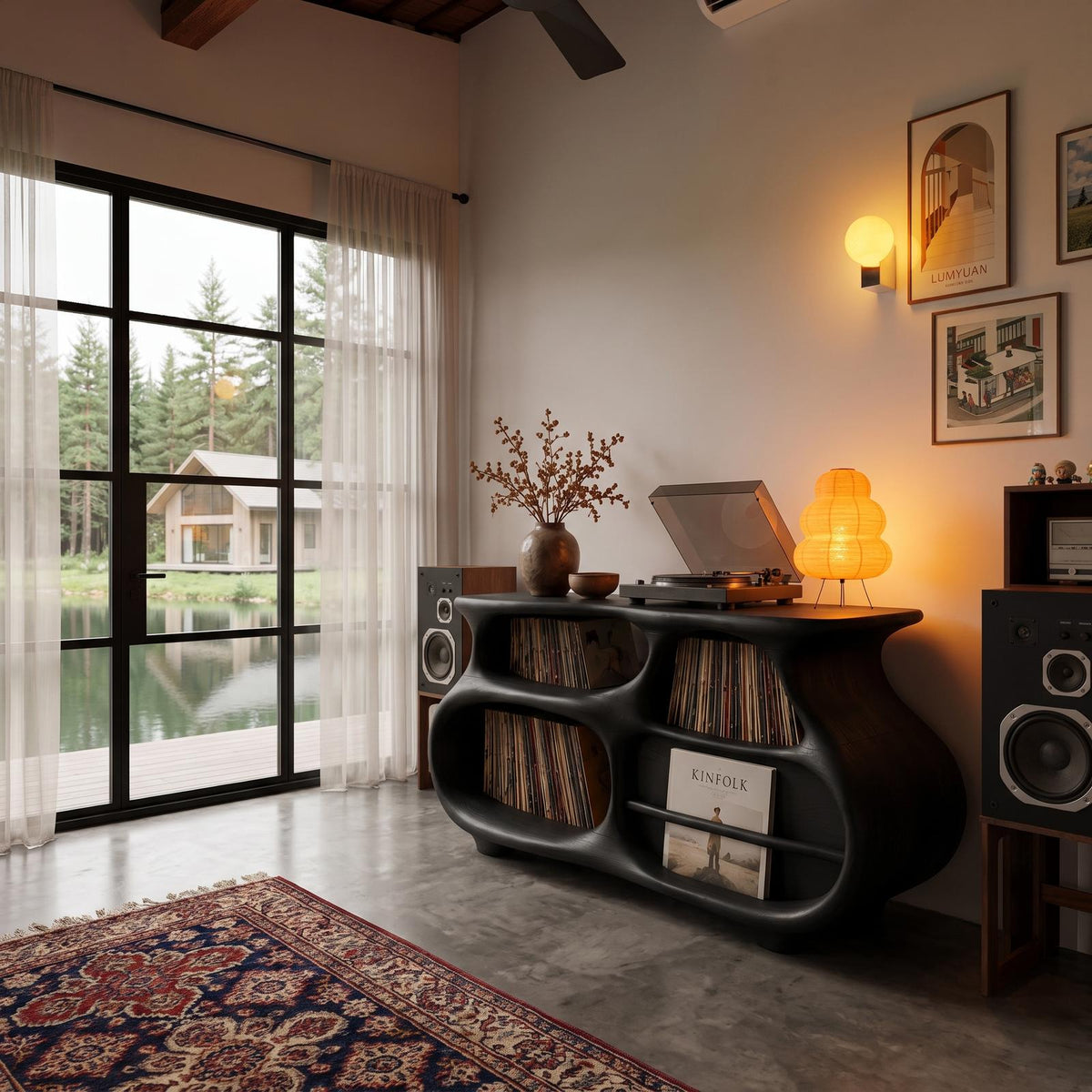Mid Century Vinyl Record Stand With Artistic Flowing Silhouette For Entryway