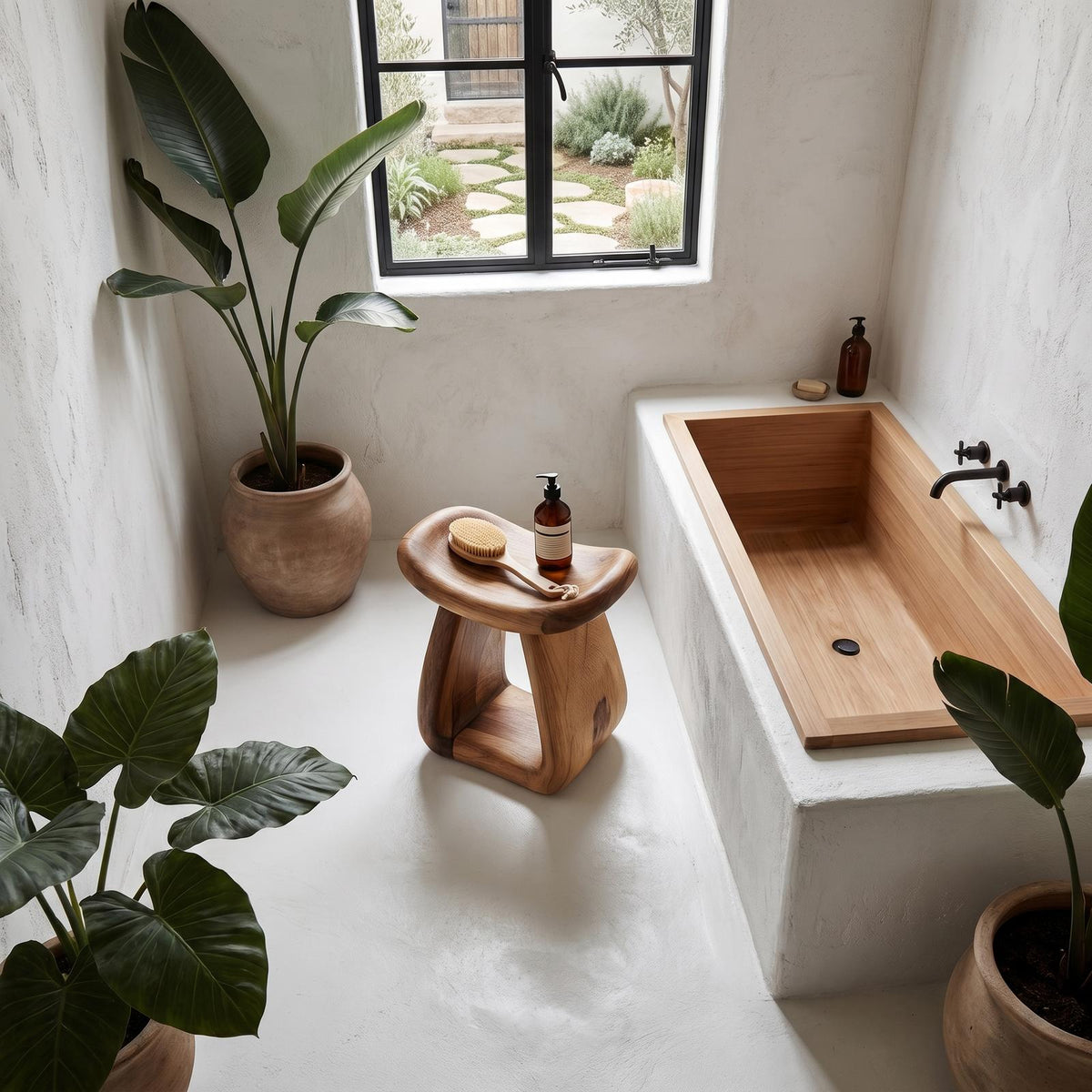 Organic Solid Wood Bath Stool, Handcrafted Pedestal Waterproof Shower Seat for Bathroom Spa and Vanity Decor
