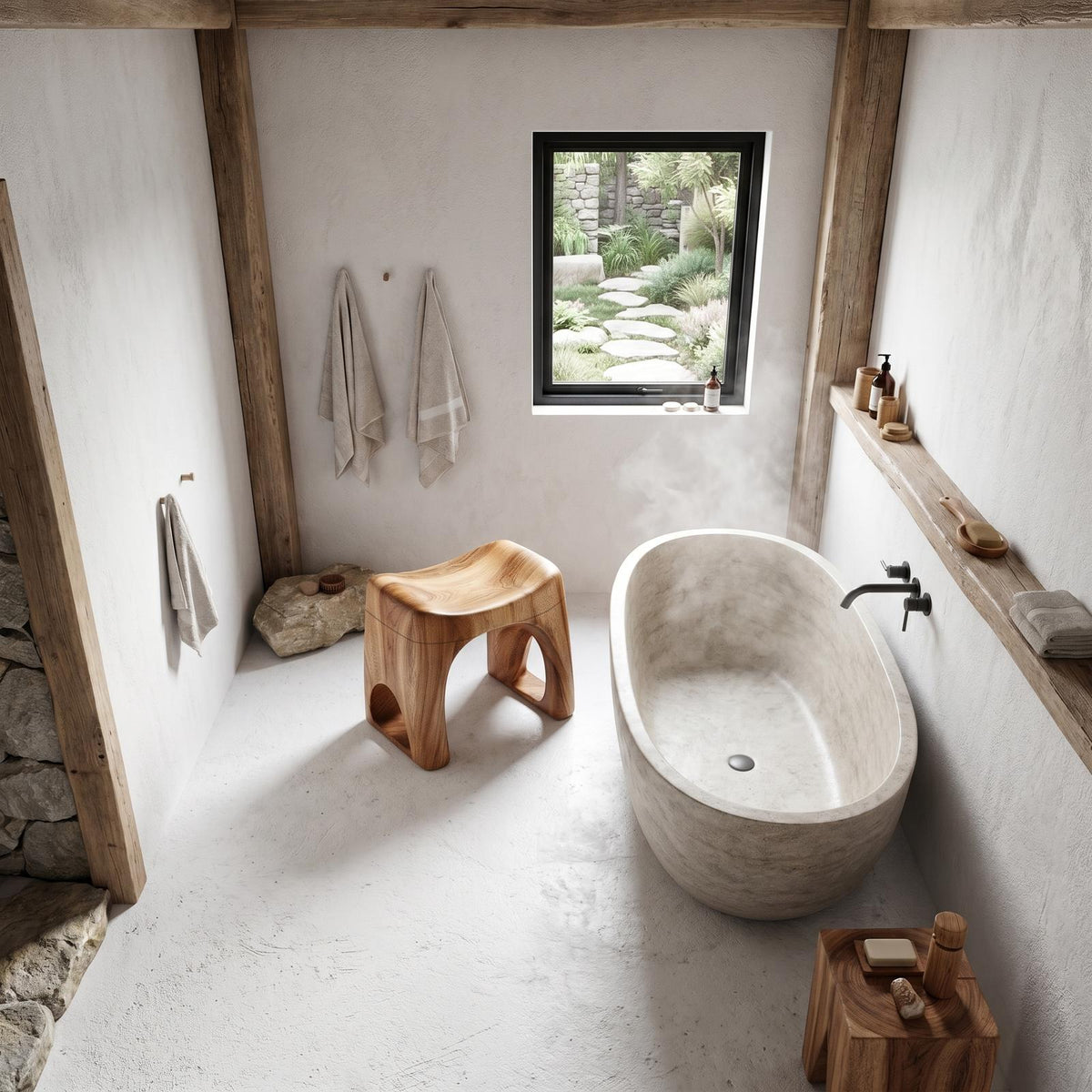 Minimalist Solid Wood Bathroom Stool, Organic Waterproof Spa Shower Bench Seat for Luxury Bathroom Decor