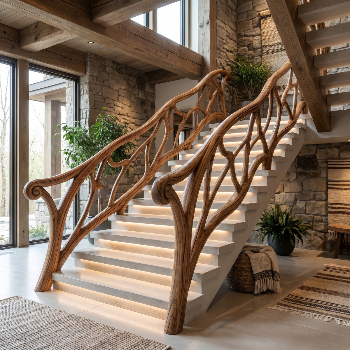 Artistic Tree Branch Stair Railing, Custom Handcrafted Sculptural Wood Handrail for Interior Staircase Remodeling