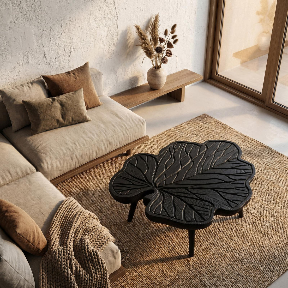Spry Interior Rustic Leaf Coffee Table, Hand Carved Solid Wood Botanical Shaped Cocktail Center Table for Living Room, SINLHACF383
