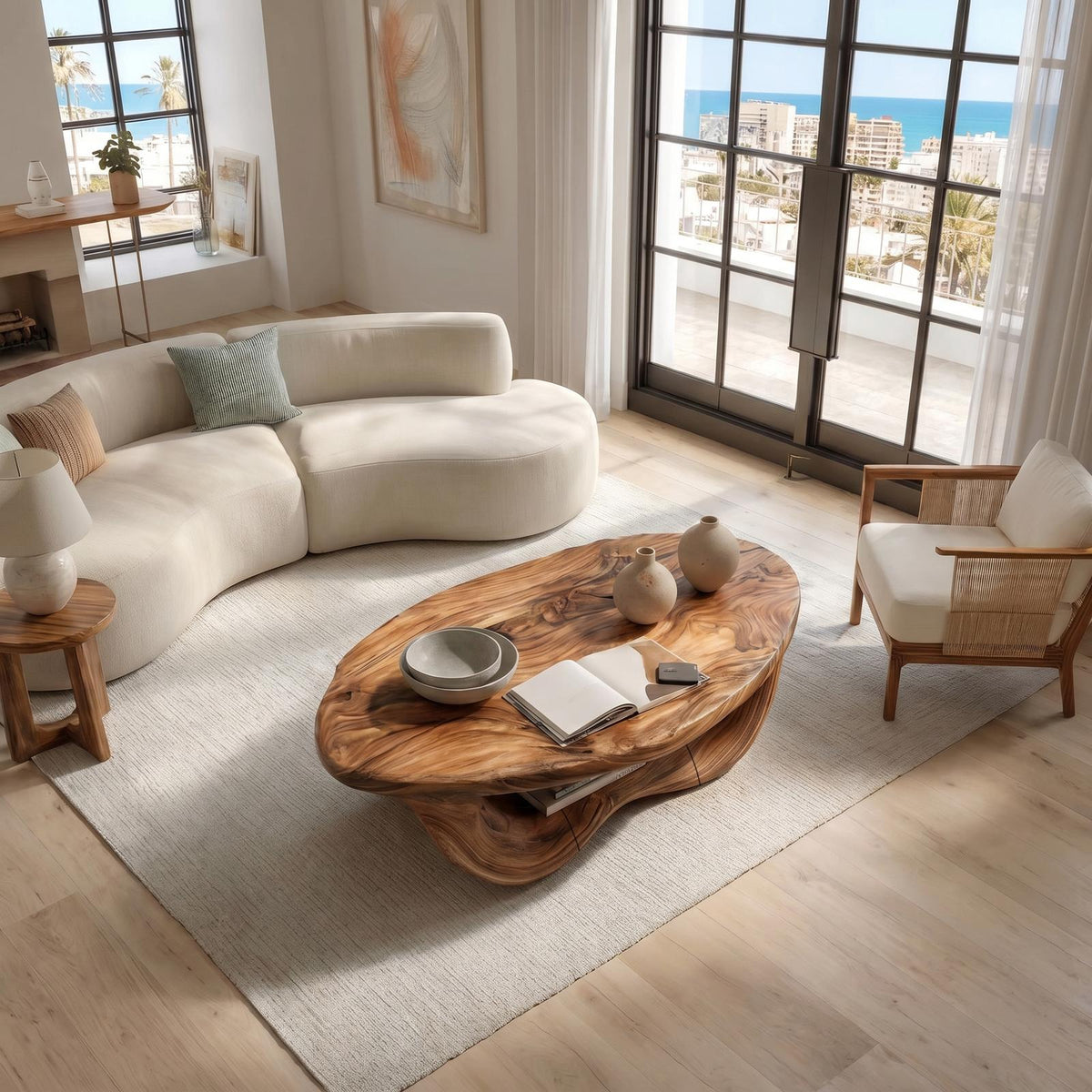 Modern Organic Coffee Table, Handcrafted Curved Solid Wood Center Table for Contemporary Living Room and Lounge