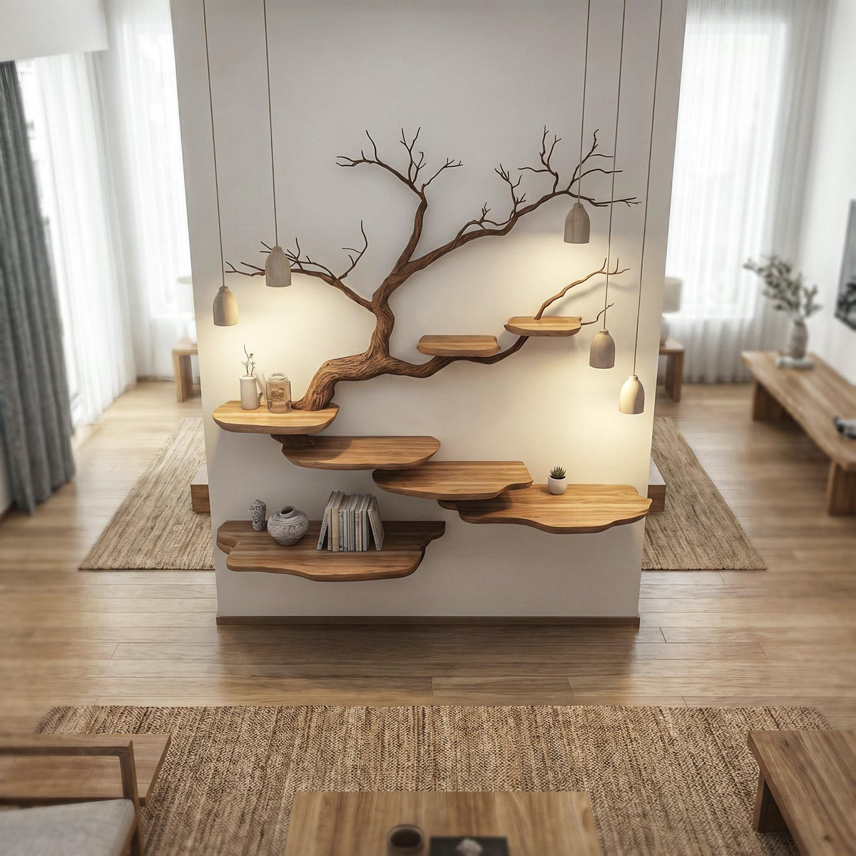 Rustic Tree Branch Wall Mounted Bookshelf For Living Room And Bedroom Space