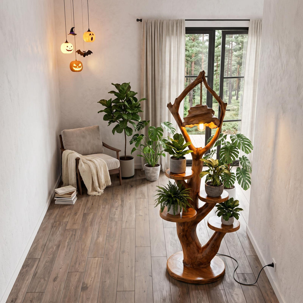 Modern Halloween Multi Tier Plant Stand With Sculptural Branch Shelves For Sunroom