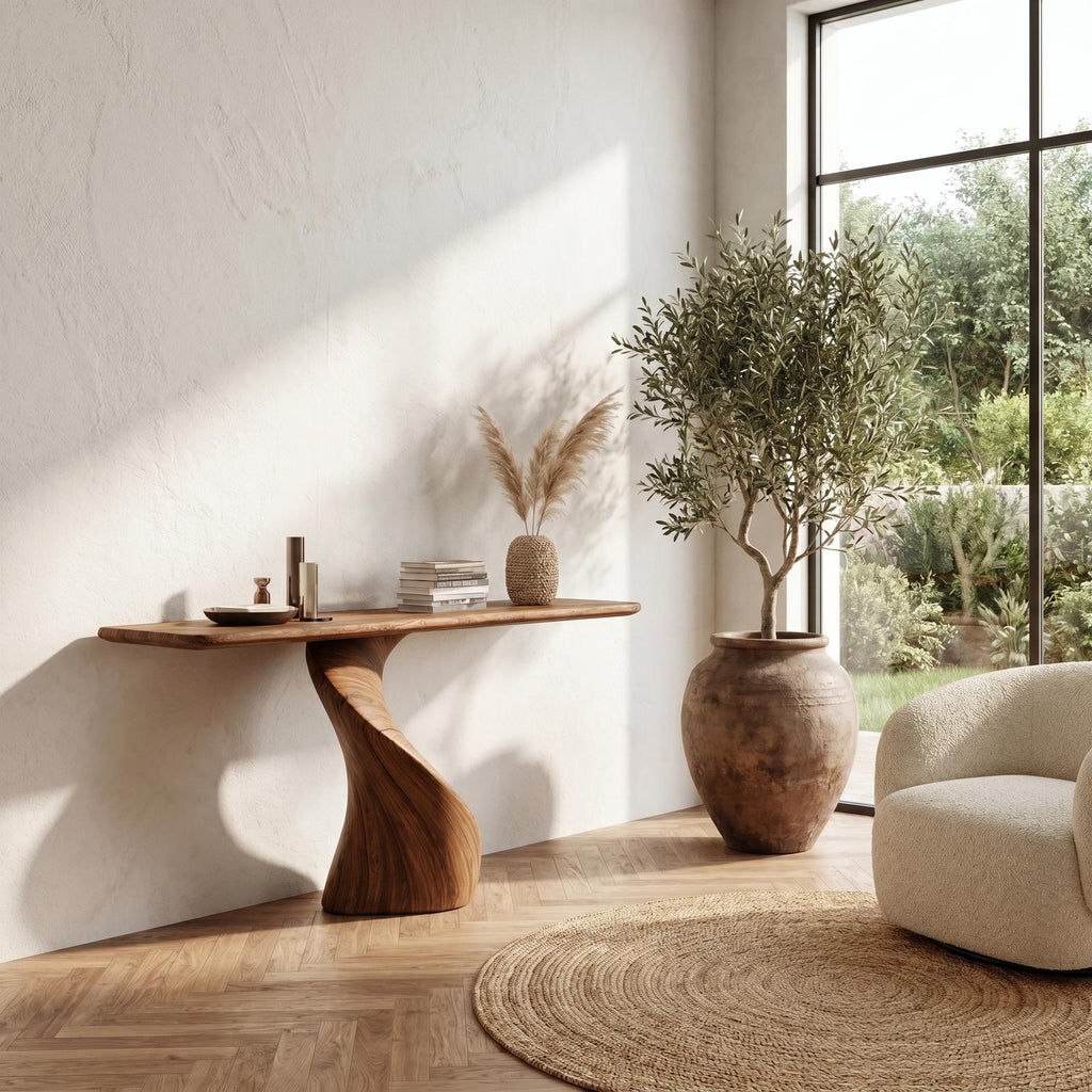 Modern Organic Console Table with Sculptural Twisted Solid Wood Base, Entryway Hallway Sofa Accent Table