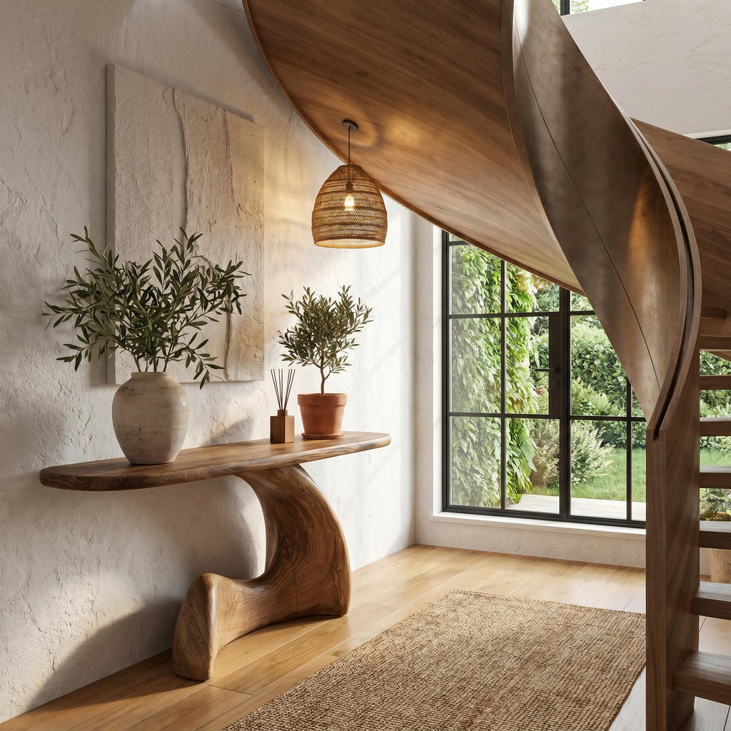 Organic Solid Wood Console Table with Sculptural Curved Base, Modern Entryway Sofa Table for Living Room
