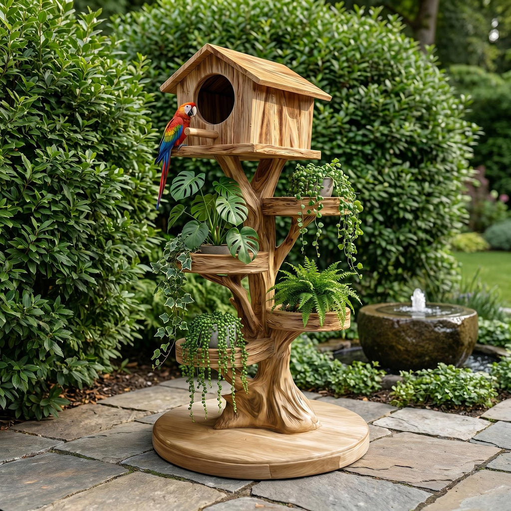 Rustic Tree Birdhouse With Built In Plant Stand For Garden SINLHAGD007