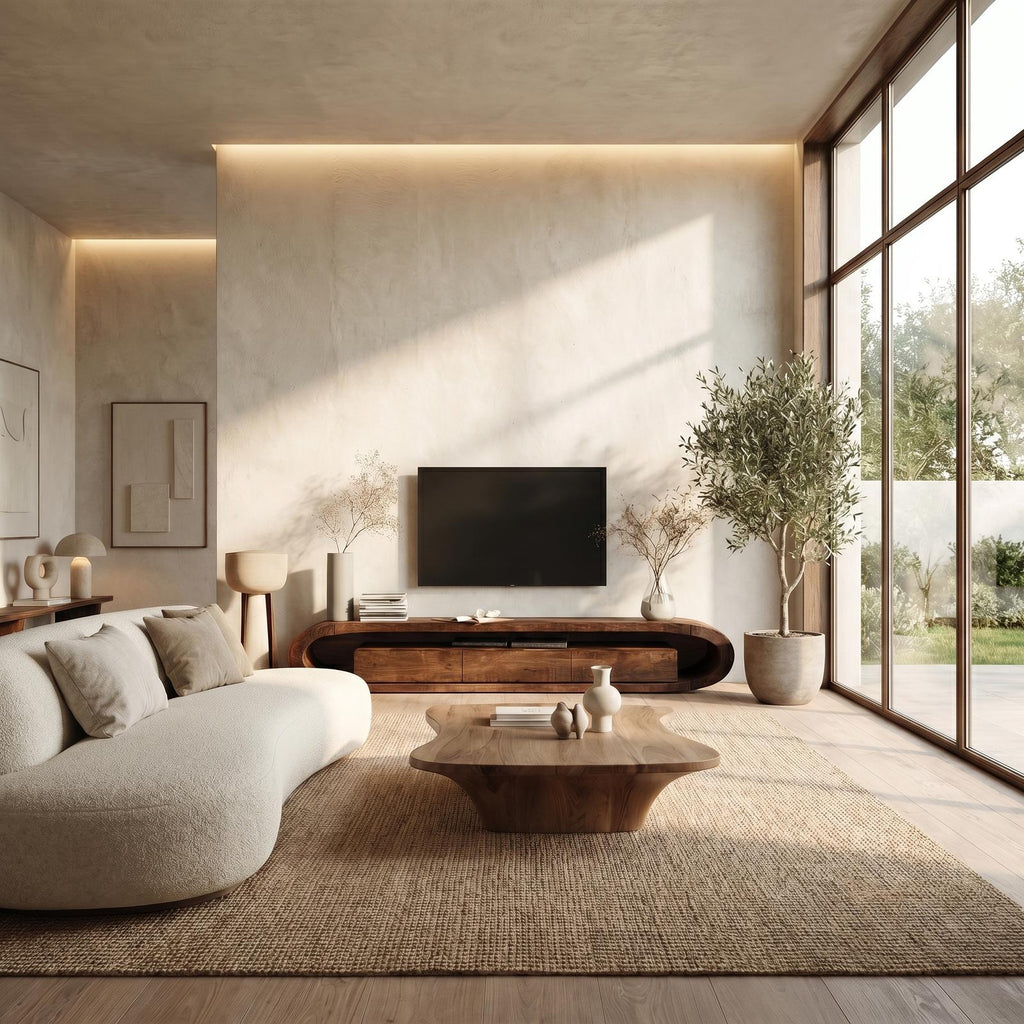 Organic TV Cabinet, Curved Solid Wood Media Console Table with Built-in Drawer Storage for Living Room