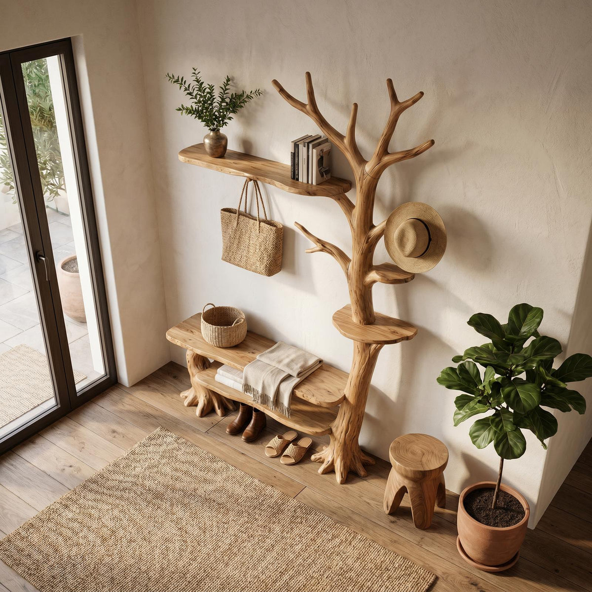 Rustic Tree Coat Rack with Integrated Bench and Floating Shelves, Wood Entryway Hall Tree