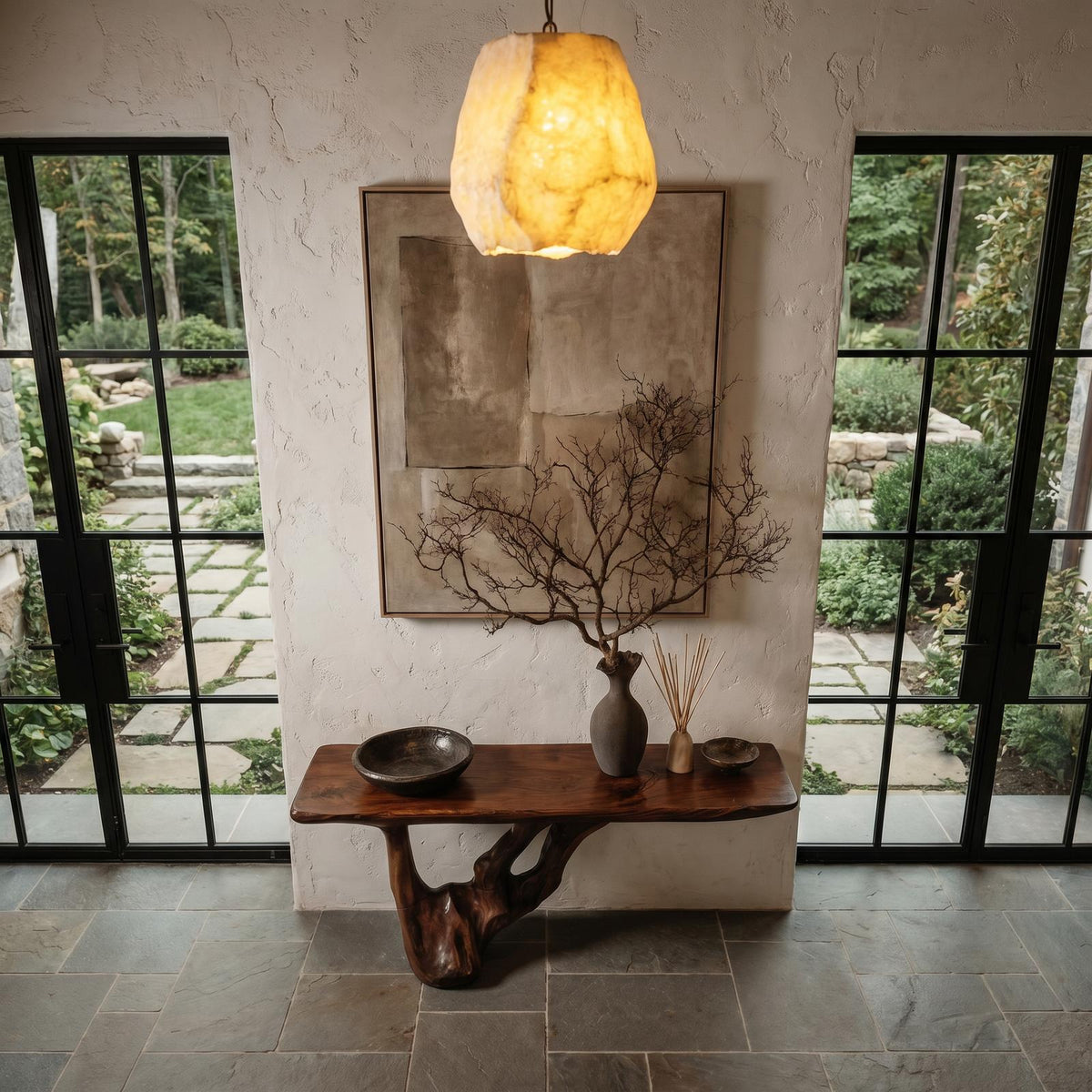 Spry Interior Rustic Console Table, Handcrafted Natural Wood Slab Top with Unique Tree Root Base for Entryway Living Room, SINLHACS611