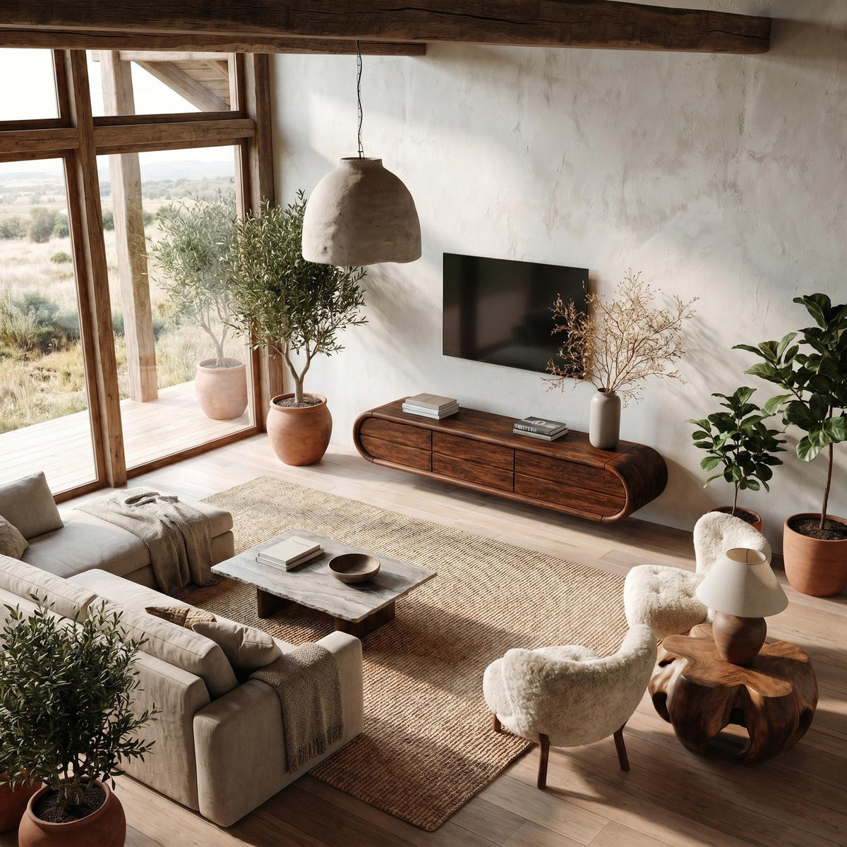 Organic Floating TV Cabinet, Sculptural Curved Solid Wood Wall Mounted Media Console Shelf for Living Room