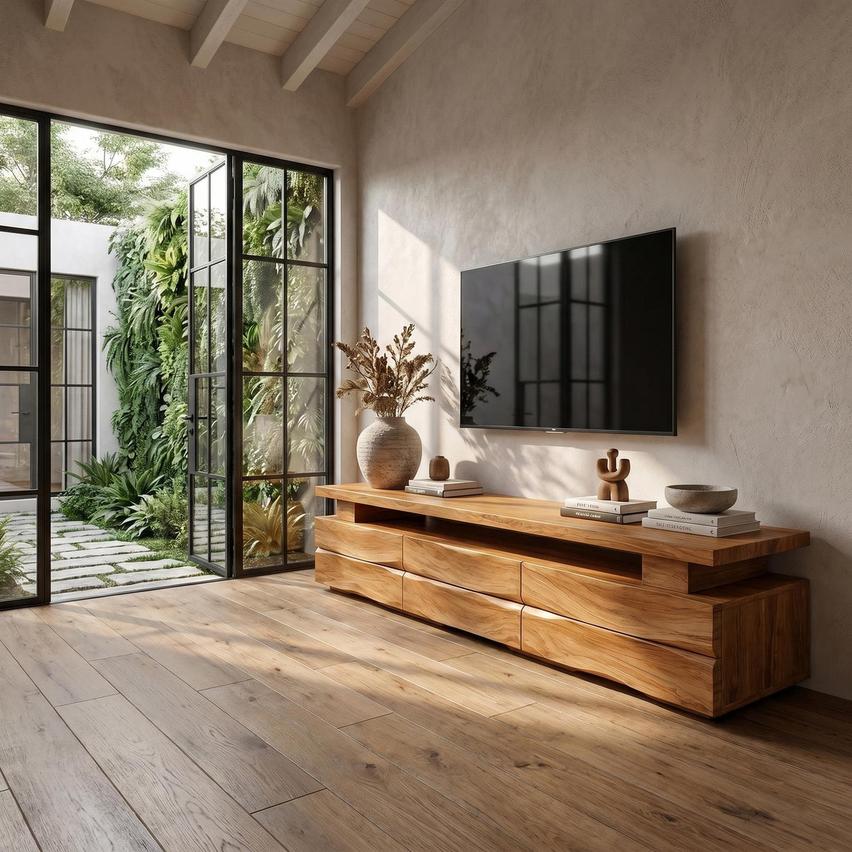 Rustic TV Cabinet with Wave Front Drawers & Open Storage Shelf, Solid Wood Media Entertainment Stand