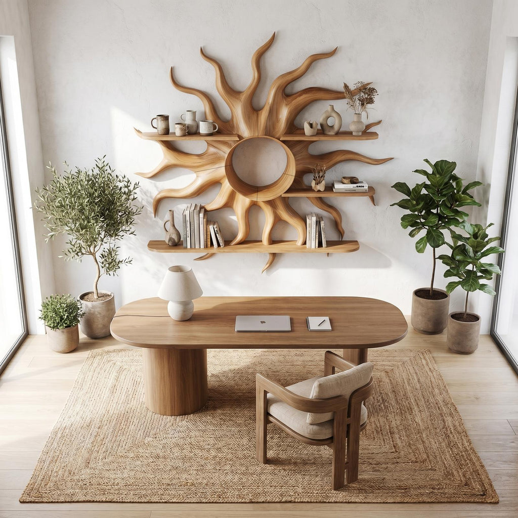 Sculptural Sun Wall Shelf, Floating Wooden Display Rack & Sunburst Wall Art Decor