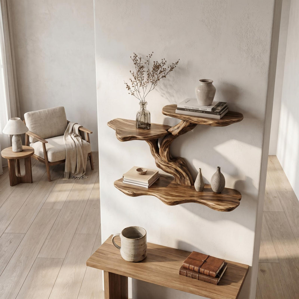 Organic Tree Branch Floating Shelf, Sculptural Wall Storage Solid Wood Ledge