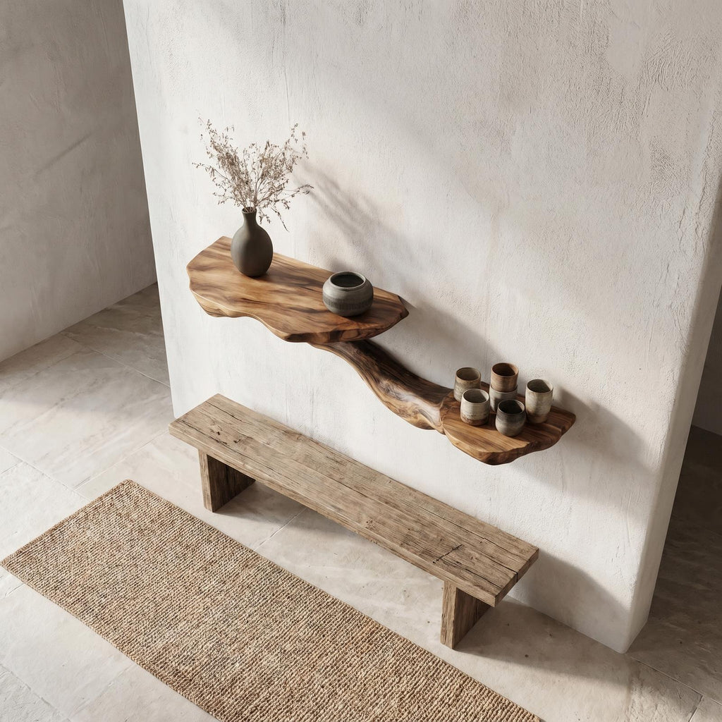 Rustic Floating Shelf with Sculptural Tree Branch Form, Wall Mounted Wood Organizer