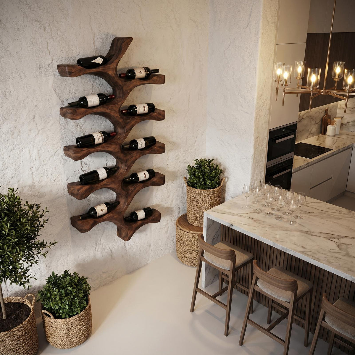 Organic Wall Mounted Wine Rack with Tree Branch Bottle Holders, Handcrafted Wood Wine Rack for Kitchen