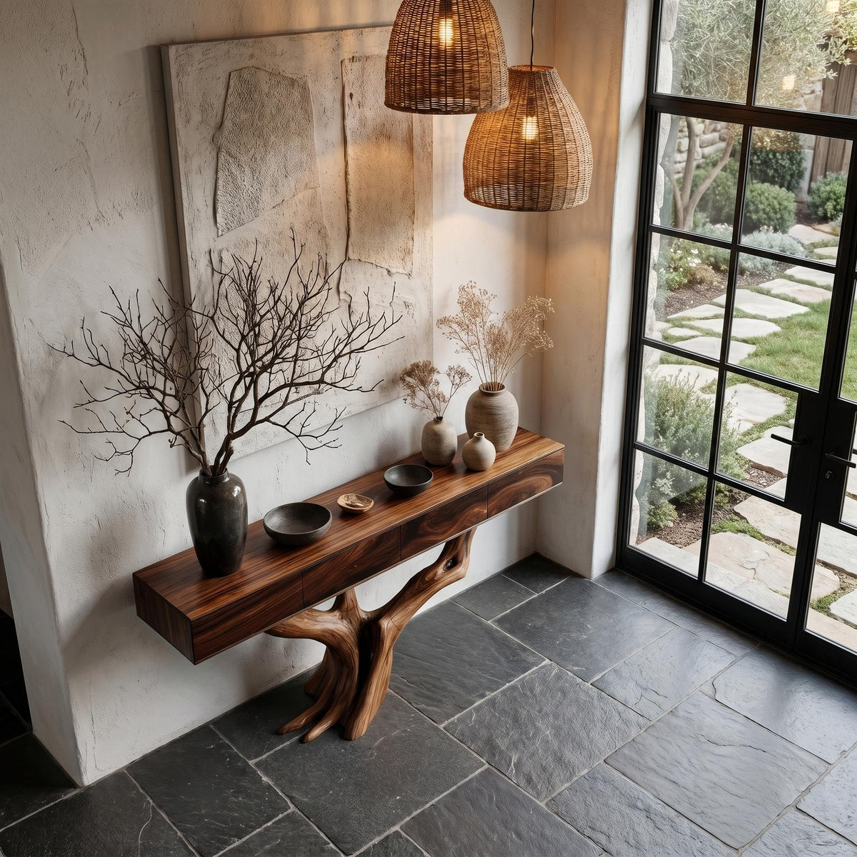 Rustic Live Edge Console Table with Sculptural Tree Branch Base, Solid Wood Entryway Sofa Table for Hallway Living Room Foyer, SINLHACS616