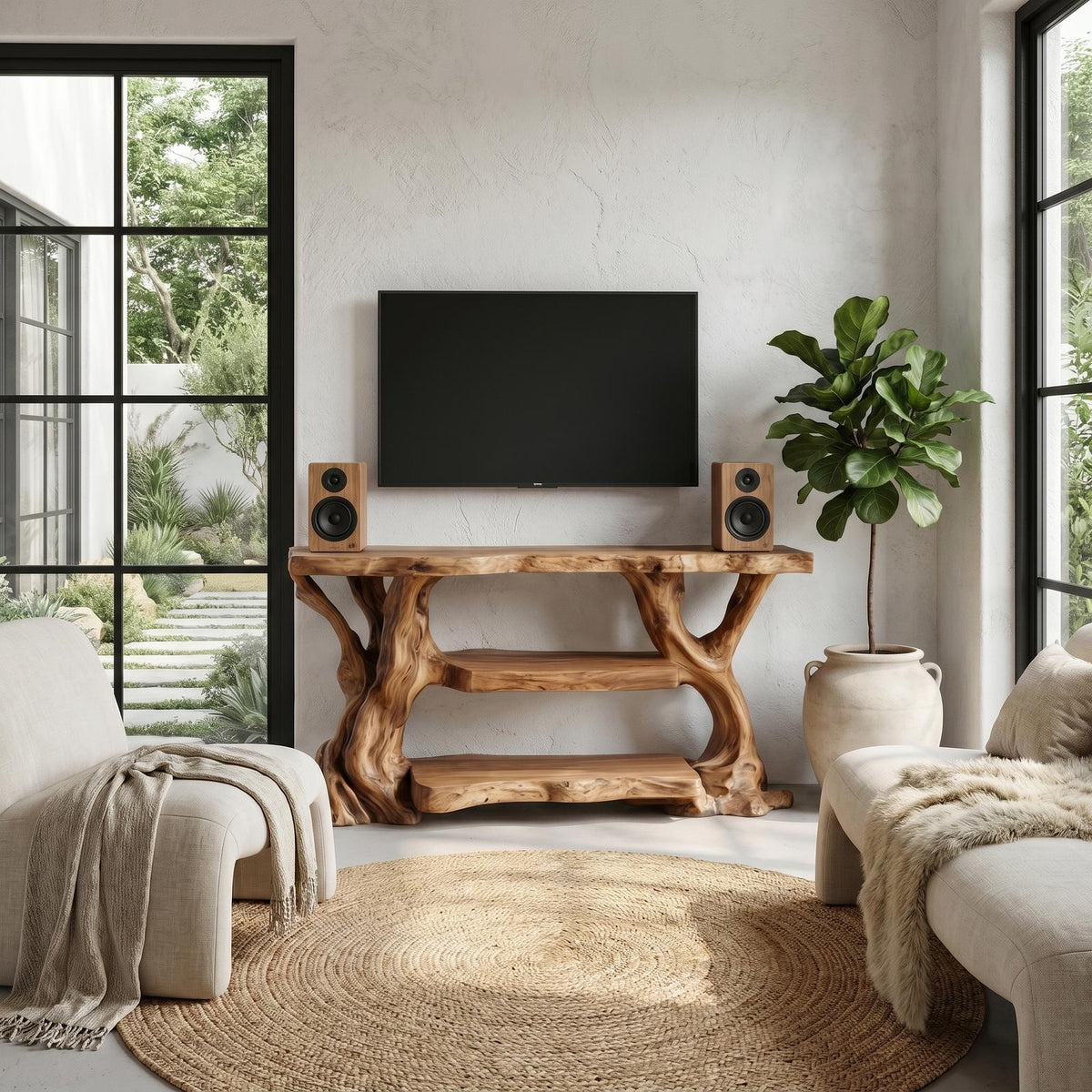 Rustic TV Stand with Natural Wood Sculptural Frame, Solid Wood Media Console Table
