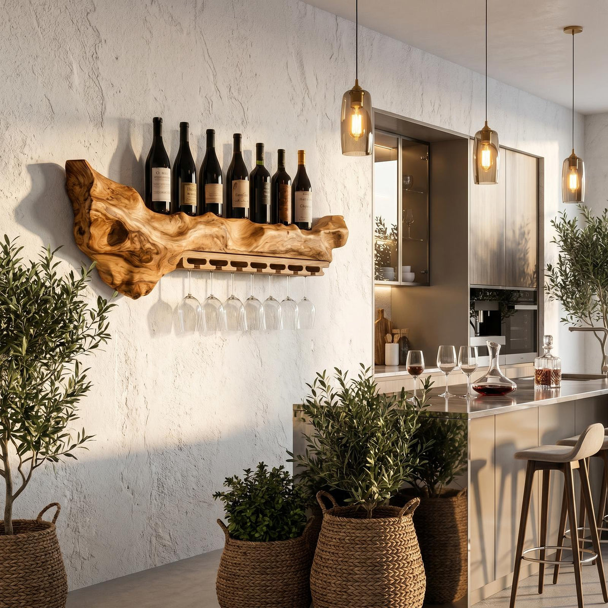 Rustic Live Edge Wall Mounted Wine Rack with Stemware Glass Holder, Hanging Wood Bottle Organizer for Kitchen