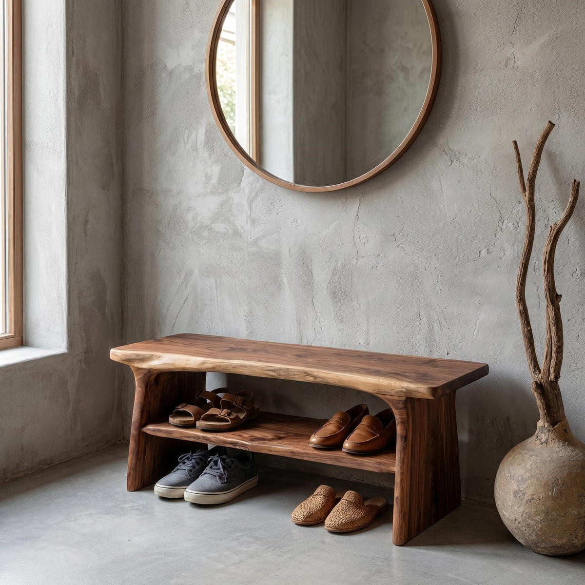Rustic Shoe Bench with Natural Wood Storage, Handcrafted Entryway Sitting Bench
