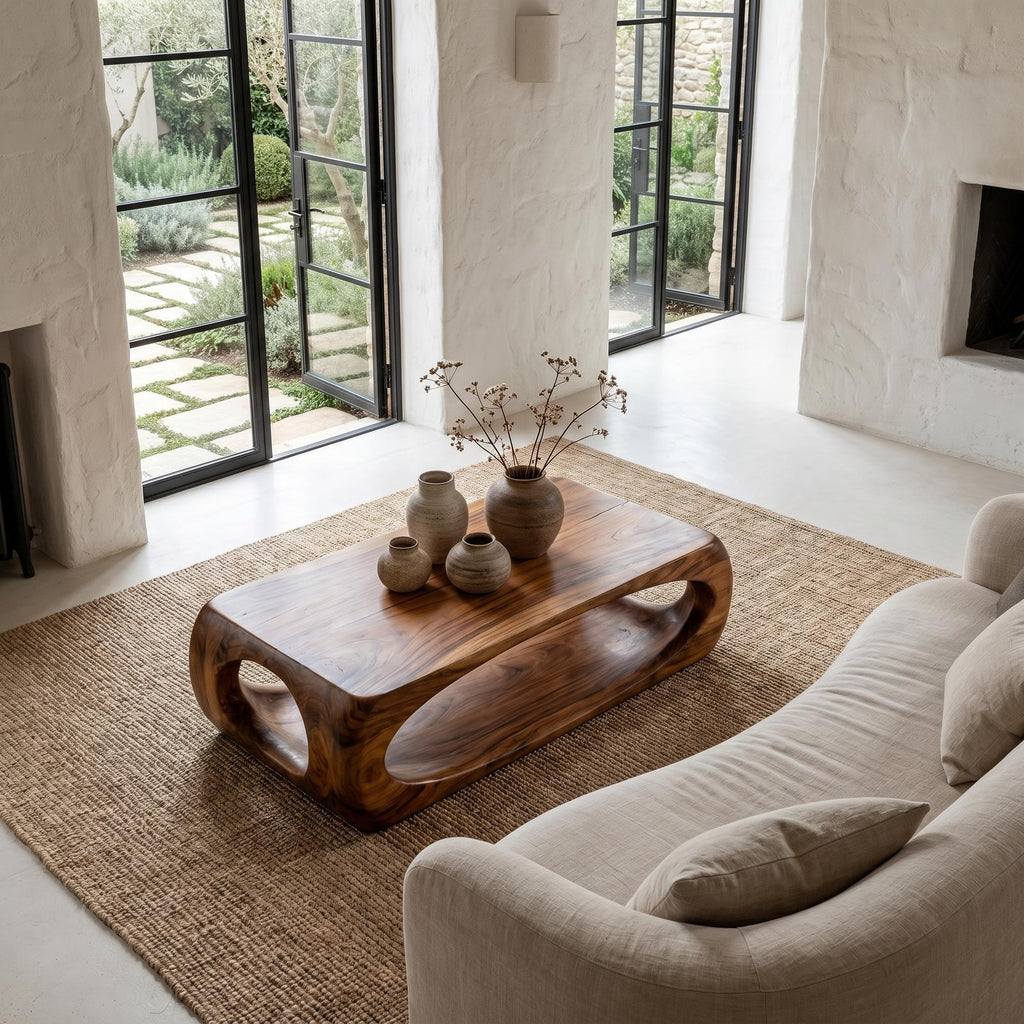 Nature Inspired Coffee Table with Flowing Open Form Base, Handcrafted Organic Solid Wood Center Table, Model