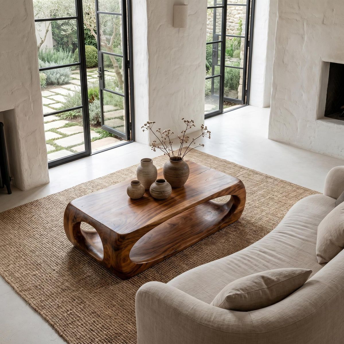Nature Inspired Coffee Table with Flowing Open Form Base, Handcrafted Organic Solid Wood Center Table, Model