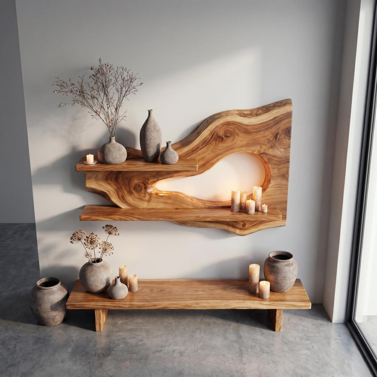 Modern Organic Floating Wall Shelf, Solid Wood Natural Edge Ledge for Entryway, Living Room Decorative Display