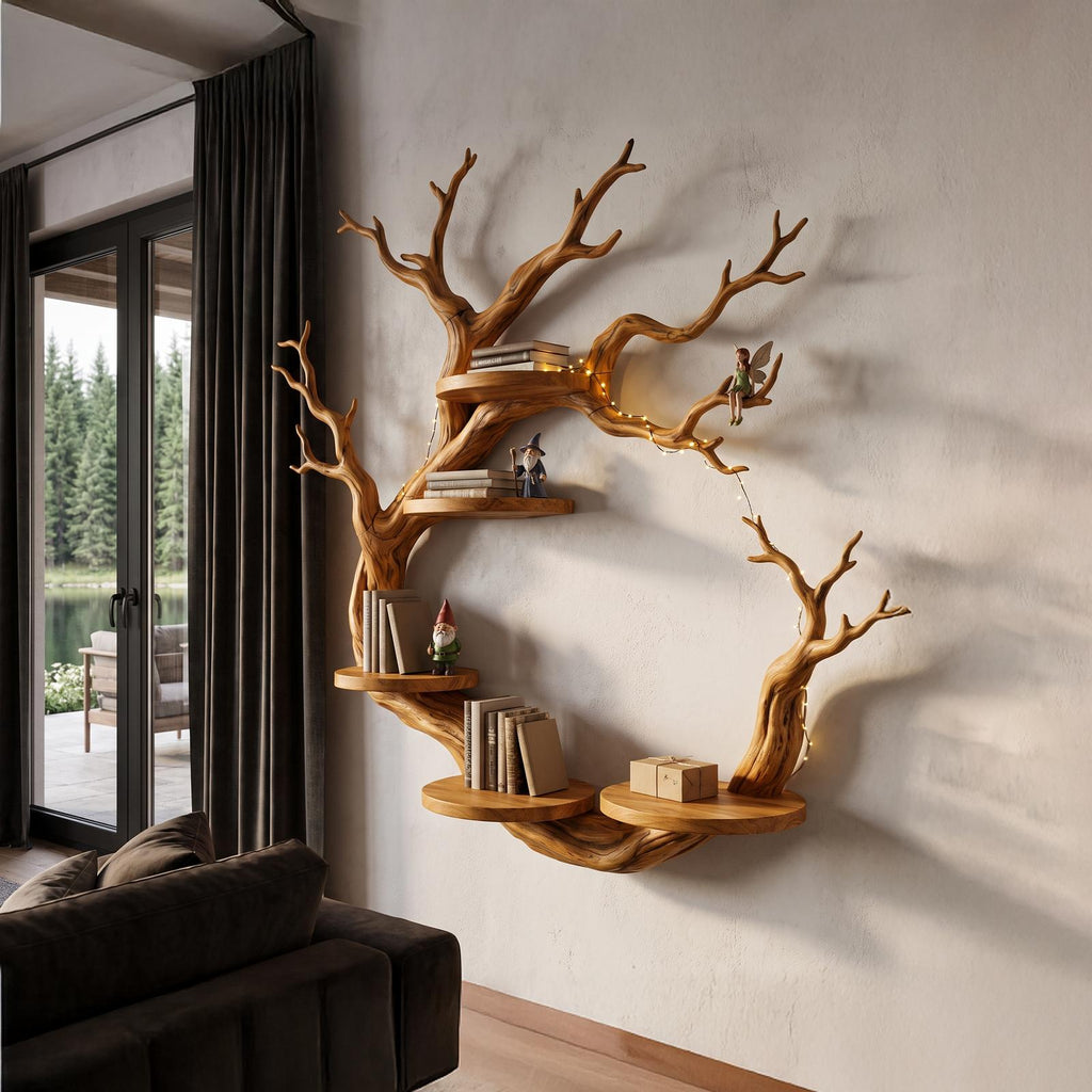 Rustic Tree Bookshelf With Sculptural Circular Branch Design For Living Room