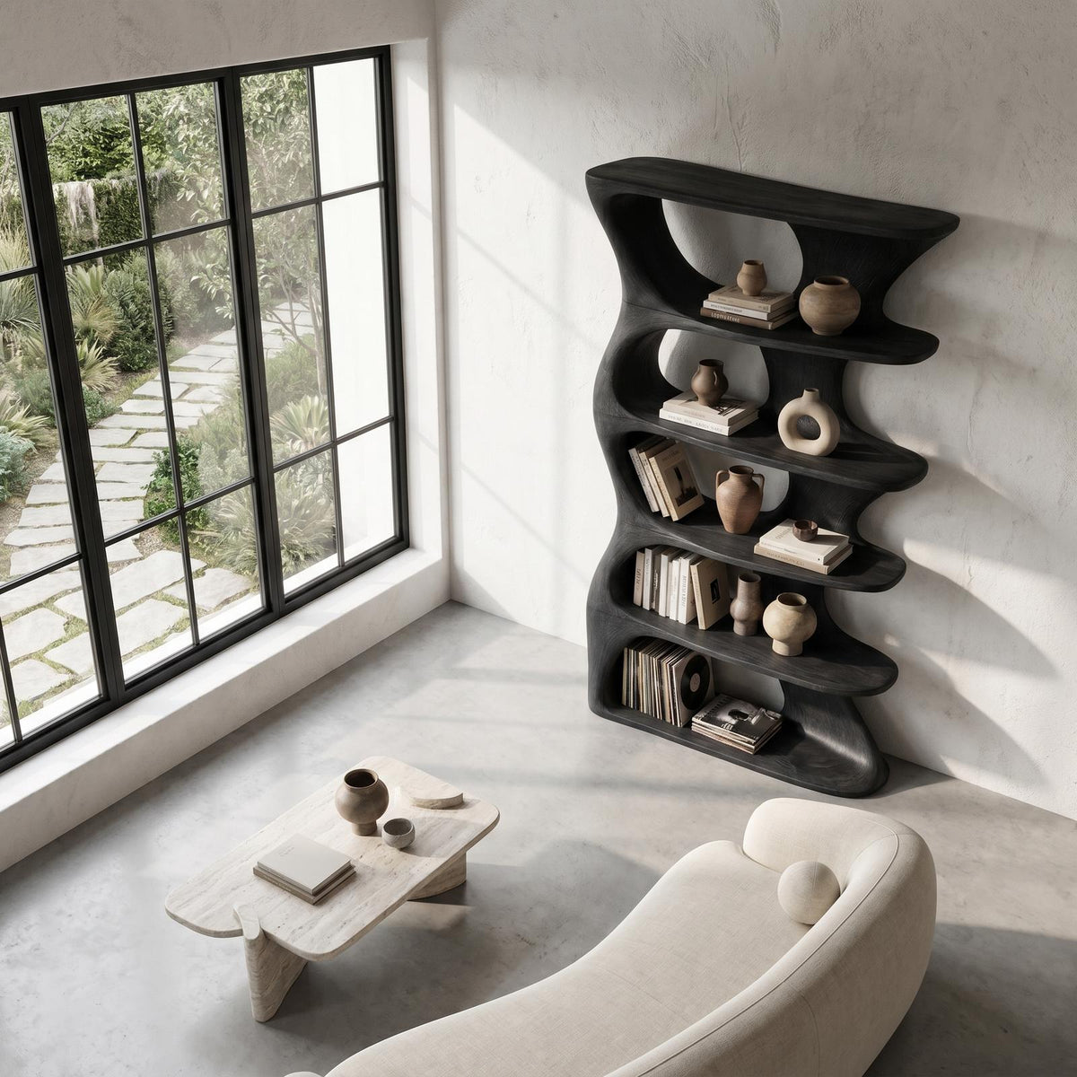 Organic Sculptural Wall Mounted Bookshelf with Curved Floating Wood Shelves, Decorative Wall Hanging Bookcase