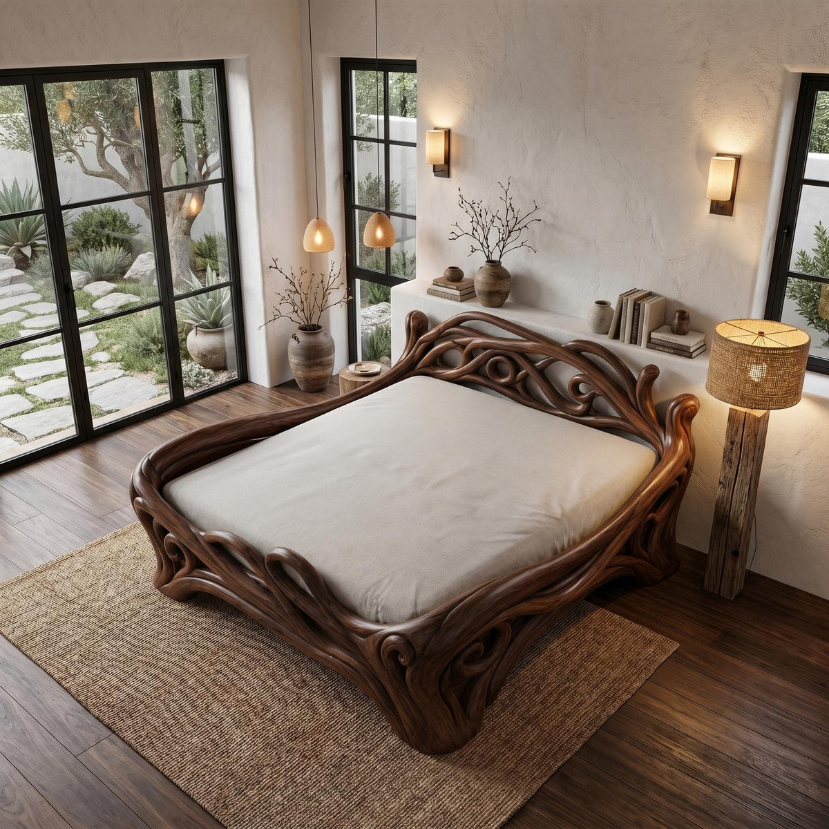 Spry Interior Organic Sculptural Bed Frame with Flowing Root-Inspired Wood Design, Unique Handcrafted Solid Wood Bed Frame - SINLHAWB121