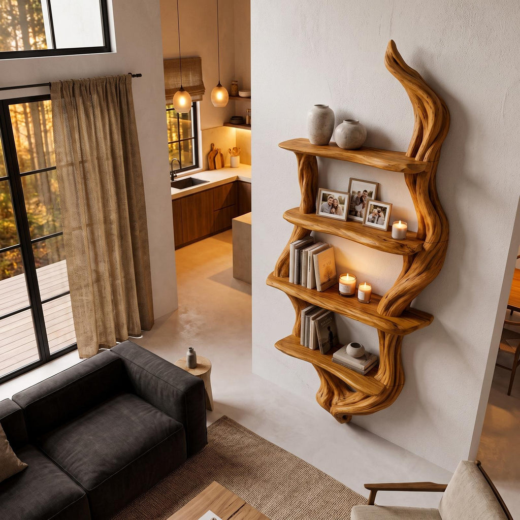 Rustic Wall Bookshelf Handcrafted Tree Branch Design For Living Room